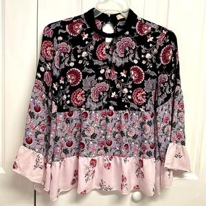 LOFT Black Pink Floral Mixed-Print Blouse